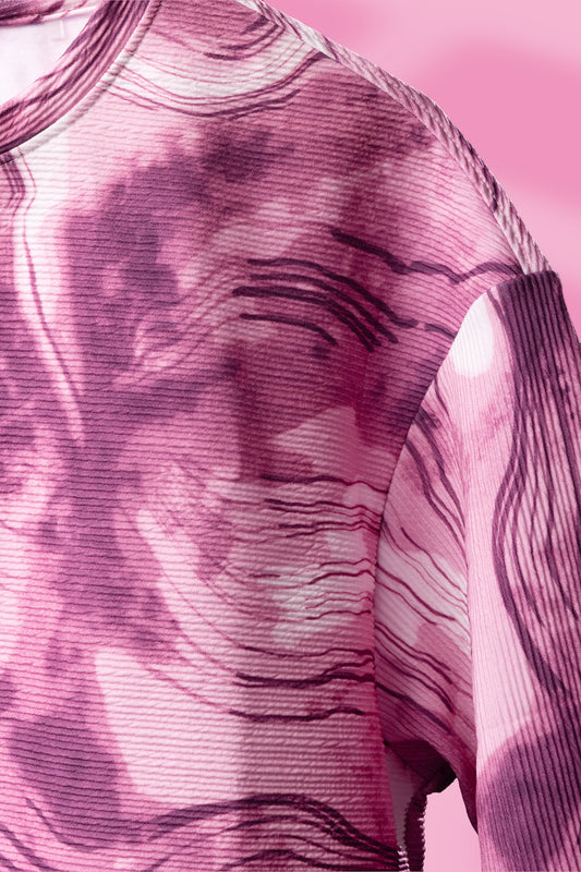 Crimson Swirl – Oversized Marbled Popcorn Cotton T-Shirt