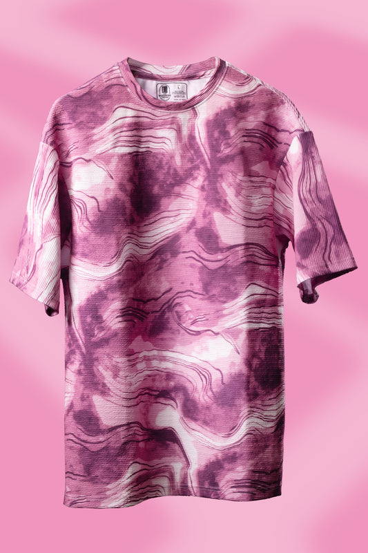Crimson Swirl – Oversized Marbled Popcorn Cotton T-Shirt